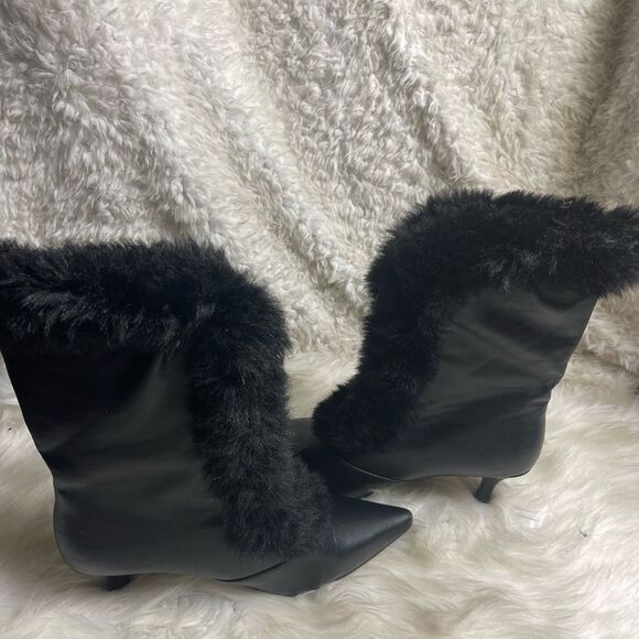 Ashro synthetic black mid calf boots  faux fur trim front zipper 3”heels SZ11W - Picture 3 of 16